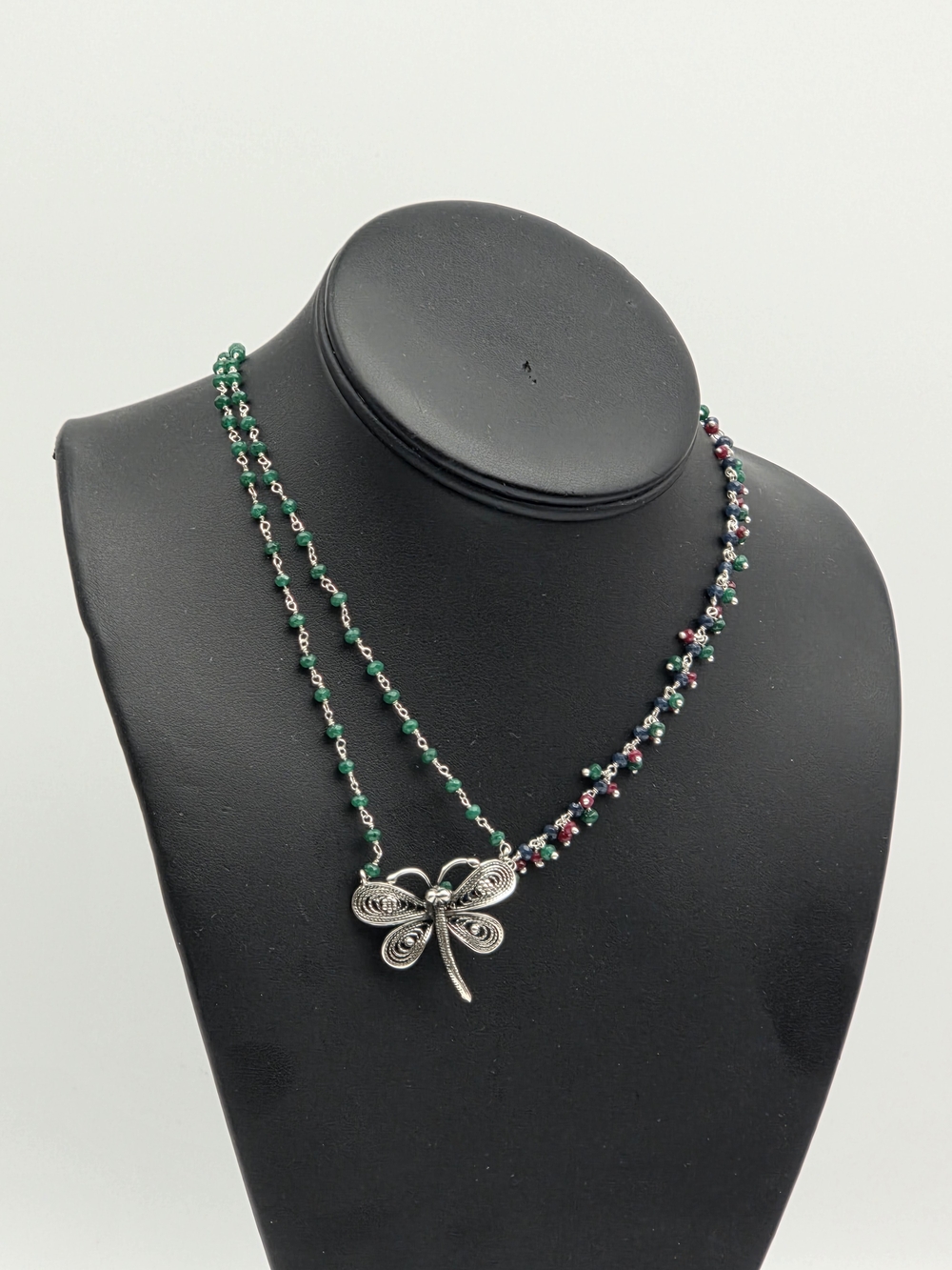 925 Sterling Silver Dragonfly Pendant Necklace with Green and Multicolor Beads